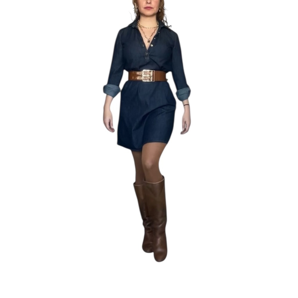 Tommy Hilfiger Dark Denim Shirt Dress -100% Cotton | Gold Button Detail- XS